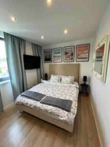 sypialnia z dużym łóżkiem z obrazami na ścianie w obiekcie House in Pezinok with swimming pool, Bratislava w mieście Pezinok +29 zdjęć