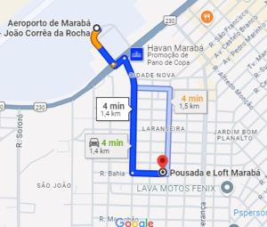 a map of the approximate location of a map at Quarto 6 econômico próximo do aeroporto ar condicionado cama de casal in Marabá +4 photos