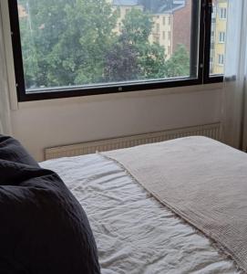 una cama en una habitación con ventana en Spacious Apartment in Kallio, en Helsinki