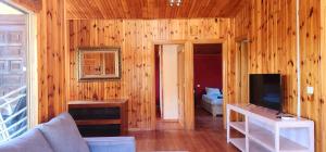 エステポナにあるLos Pedregales Complejo Ruralのウッドパネルの壁のリビングルーム(テレビ付)