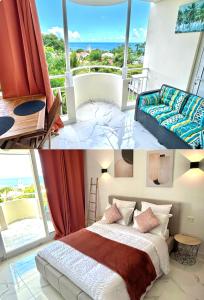 ein Schlafzimmer mit einem Bett und einem Balkon in der Unterkunft Studio sunshine vue mer et piscine in Tartane