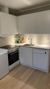 a kitchen with white cabinets and a sink at Arctic Aurora Studio I NEW IN 2023 in Åsgård