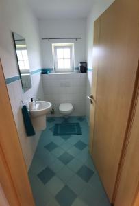 a bathroom with a toilet and a sink at Niedergerner Alpaka Ranch Groß in Kemerting