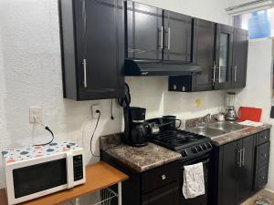 a kitchen with black cabinets and a microwave at Zihua 360 in Zihuatanejo