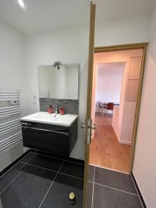 a bathroom with a sink and a mirror at Logement chaleureux et spacieux in Thaon-les-Vosges +6 photos