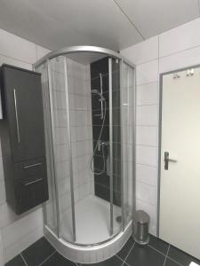 a shower with a glass door in a bathroom at Apartment mit Seeblick & Seezugang in Villach +3 photos