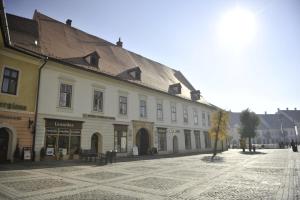 ein großes weißes Gebäude in einer Stadtstraße in der Unterkunft Casa Weidner in Sibiu