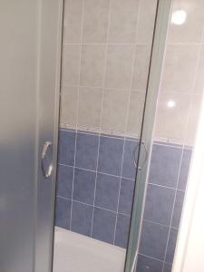 una doccia con porta in vetro e piastrelle blu di D&D stan a Inđija