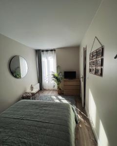 a bedroom with a bed and a mirror at Bel appartement neuf, proche Paris et Orly in Savigny-sur-Orge