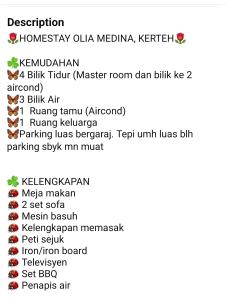 een lijst met de verschillende soorten voedsel op het menu bij OLIA MEDINA KERTEH 4 BILIK HOMESTaY in Kampong Kemaman +1 foto