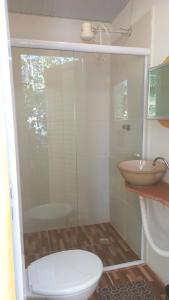 a bathroom with a shower and a toilet and a sink at Casa Solar in Sao Jorge