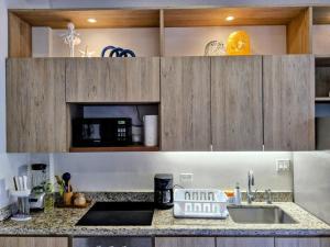 een aanrecht met een spoelbak en een magnetron bij Wonderful Modern Apartment in Casco Viejo Casa Rio Apt #3 in Panama-Stad +10 foto's