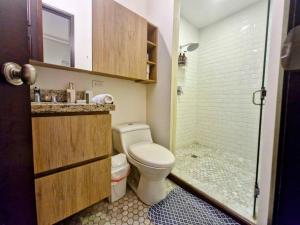 een kleine badkamer met toilet en douche bij Wonderful Modern Apartment in Casco Viejo Casa Rio Apt #3 in Panama-Stad