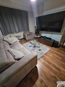 a living room with a couch and a flat screen tv at Spacious Private Room in Vibrant Near Selhurst Park stadium in Thornton Heath