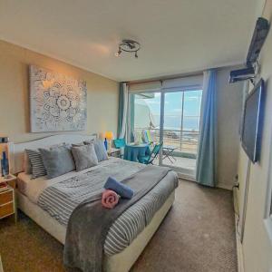ein Schlafzimmer mit einem großen Bett und einem großen Fenster in der Unterkunft HABITACIONES con o sin baño privado, ESPACIOS semi privados o compartidos en DEPARTAMENTO COMPARTIDO, full equipado, primera fila, 2do piso, TERRAZA - PISCINA in Viña del Mar