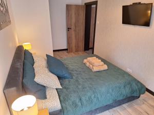 a couch with two pillows on it in a living room at Apartament KarkonoSKI in Karpacz
