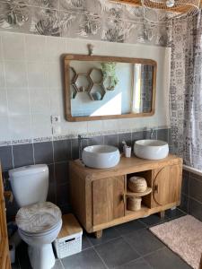 a bathroom with a sink and a toilet and a mirror at Le Cocon de l'Epicléa, Chorges, entre lac et montagnes in Chorges +22 photos