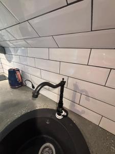 a sink with a faucet next to a brick wall at Cozy studio in a horse ranch in Lieplaukė +16 photos
