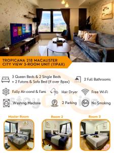 a living room with a couch and a tv at Tropicana 218 Macalister Sea & City View by stayCATion Homestay in George Town