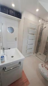 a bathroom with a white sink and a shower at Ferienwohnung Fernsicht nach Büsum in Westerdeichstrich