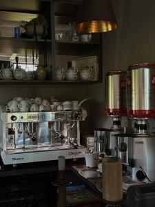 a kitchen with a coffee machine with pots and pans at Tradicija - Guest House in Pakruojis +12 photos
