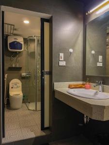 ein Badezimmer mit Waschbecken, Dusche und Toilette in der Unterkunft Zeus Living - Old Quater Homestay in Hanoi