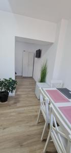 a room with a table and chairs and a plant at Cazare Summer in Petroşani