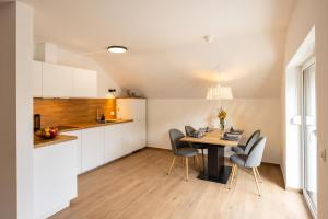 a kitchen and dining room with a table and chairs at Apartmaji Klavdija in Ljubljana +11 photos