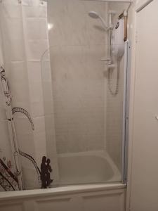 a shower with a glass door in a bathroom at Shed No 9 in Colyford