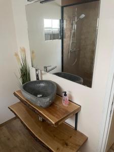 a bathroom with a stone sink on a wooden table at Janko's house in Maribor +35 photos