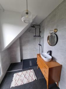a bathroom with a sink and a shower at Les Ganivelles in Belz