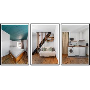 three pictures of a room with a bed and a staircase at Cosy & Duplex - Appartements au coeur de la vieille Ville in Clermont-Ferrand