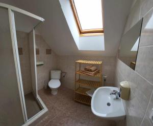 a bathroom with a sink and a toilet and a skylight at Penzion Náš svět in Pržno +13 photos