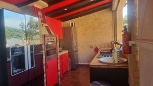 a kitchen with red cabinets and a counter with a sink at Le Cocon des Vignes in Vidauban