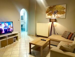 a living room with a couch and a tv at Ellegant apartment in Politika in Politika