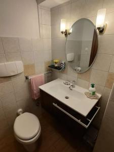 a bathroom with a white toilet and a mirror at casa vacanza pacentro in Pacentro