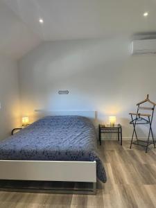 una camera con un letto e due lampade sul pavimento di Gîte duo à la campagne Les Grandes Maisons SPA HAMMAM accès avec sup a Lorris
