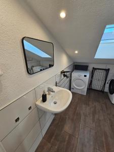 a bathroom with a sink and a mirror at Stebbacher Ferienwohnung in Gemmingen +16 photos