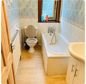 a bathroom with a toilet and a tub and a sink at EQU London in Ilford