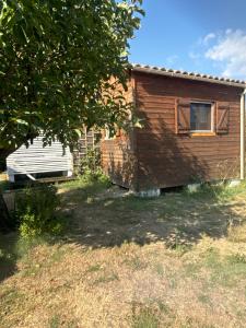 a wooden house with a tree in front of it at Le Chalet Pignantais avec option Jacuzzi in Pignans