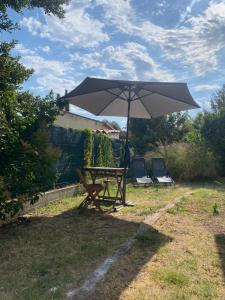 a picnic table and two chairs under an umbrella at Le Chalet Pignantais avec option Jacuzzi in Pignans