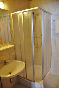 ein Bad mit einer Dusche und einem Waschbecken in der Unterkunft Haus Astoria in Sankt Leonhard im Pitztal