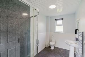 a bathroom with a shower and a toilet and a sink at Auchenlarie Courtyard No 4 in Gatehouse of Fleet +19 photos