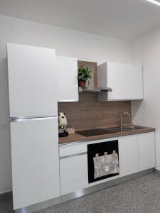 a white kitchen with a sink and a refrigerator at Daisy White in Bernalda