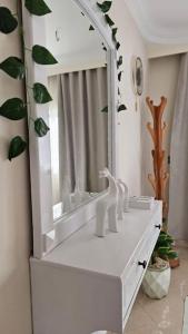 a mirror on top of a dresser in a bathroom at Heaven with wide view garden in Madinaty