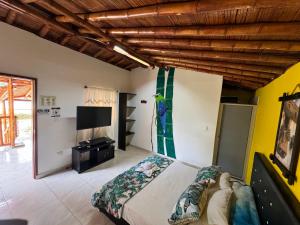 a bedroom with a bed and a flat screen tv at Casa En El Árbol Génova in Génova