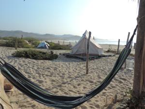 a hammock on a beach with two tents at Natevo Surf Camping in Barra +26 photos
