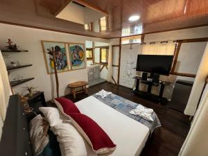 a bedroom with a large bed and a flat screen tv at Casa En El Árbol Génova in Génova