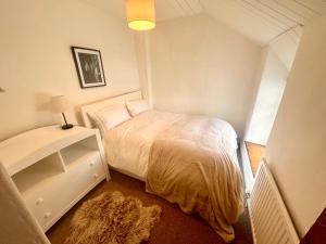 ランベリスにあるHouse in Llanberisの小さなベッドルーム(ベッド1台、ランプ付)
