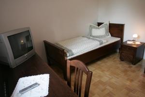 a bedroom with a bed and a tv and a table at Farm Stay Frank Ozmec Wine and Glamping estate in Ljutomer